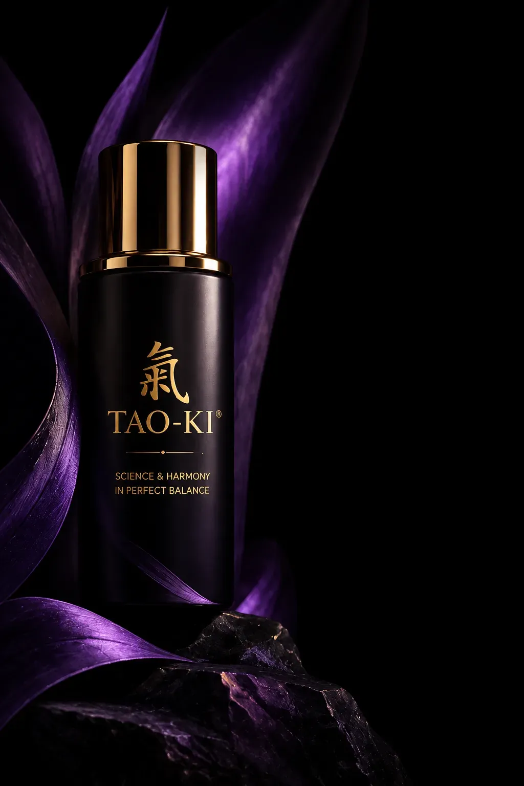 Envase TAO-KI sobre seda violeta y piedra oscura